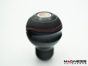 FIAT 500 Gear Shift Knob -  Black Italy - Black Base/ Black Leather Top + Chrome ABARTH Logo - Short Style